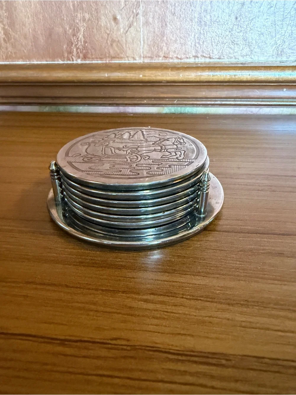 Vtg Christmas Silver Plated Coaster Set 6 Holder Sleigh Winter Holiday Vintage